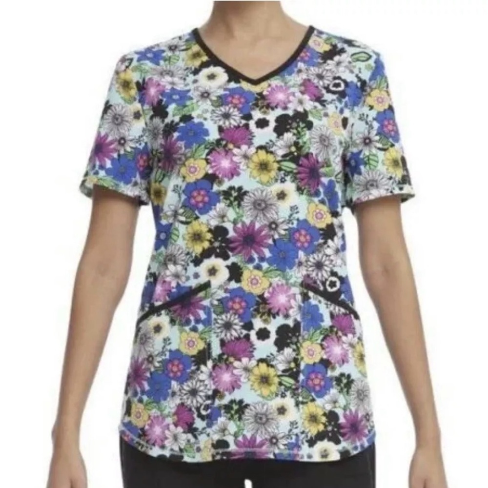 ScrubStar Womens Size Medium Black blue floral Scrub Top stretch V Neck NWT